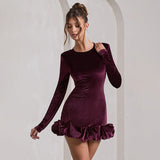 Velvet Crew Neck Ruffle Hem Mini Dress in burgundy