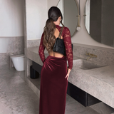 Burgundy Velvet Lace Bodice Backless Maxi Dress in burgundy - view 4