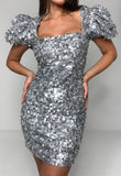 Square Neck Puff Sleeve Sequin Mini Dress in silver - view 3
