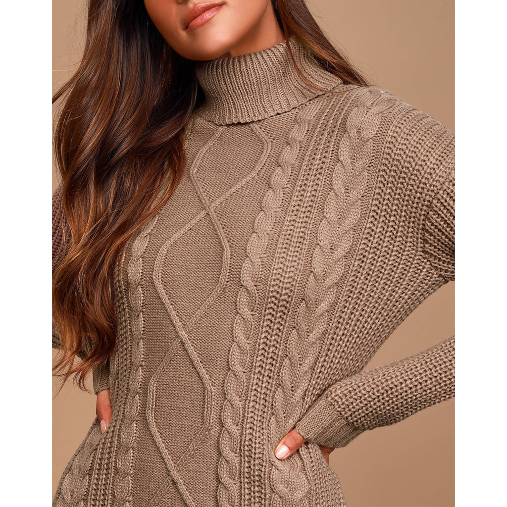 Taupe Cable Knit Turtleneck Sweater Mini Dress in taupe - view 2