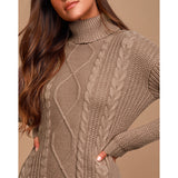 Taupe Cable Knit Turtleneck Sweater Mini Dress in taupe - view 2
