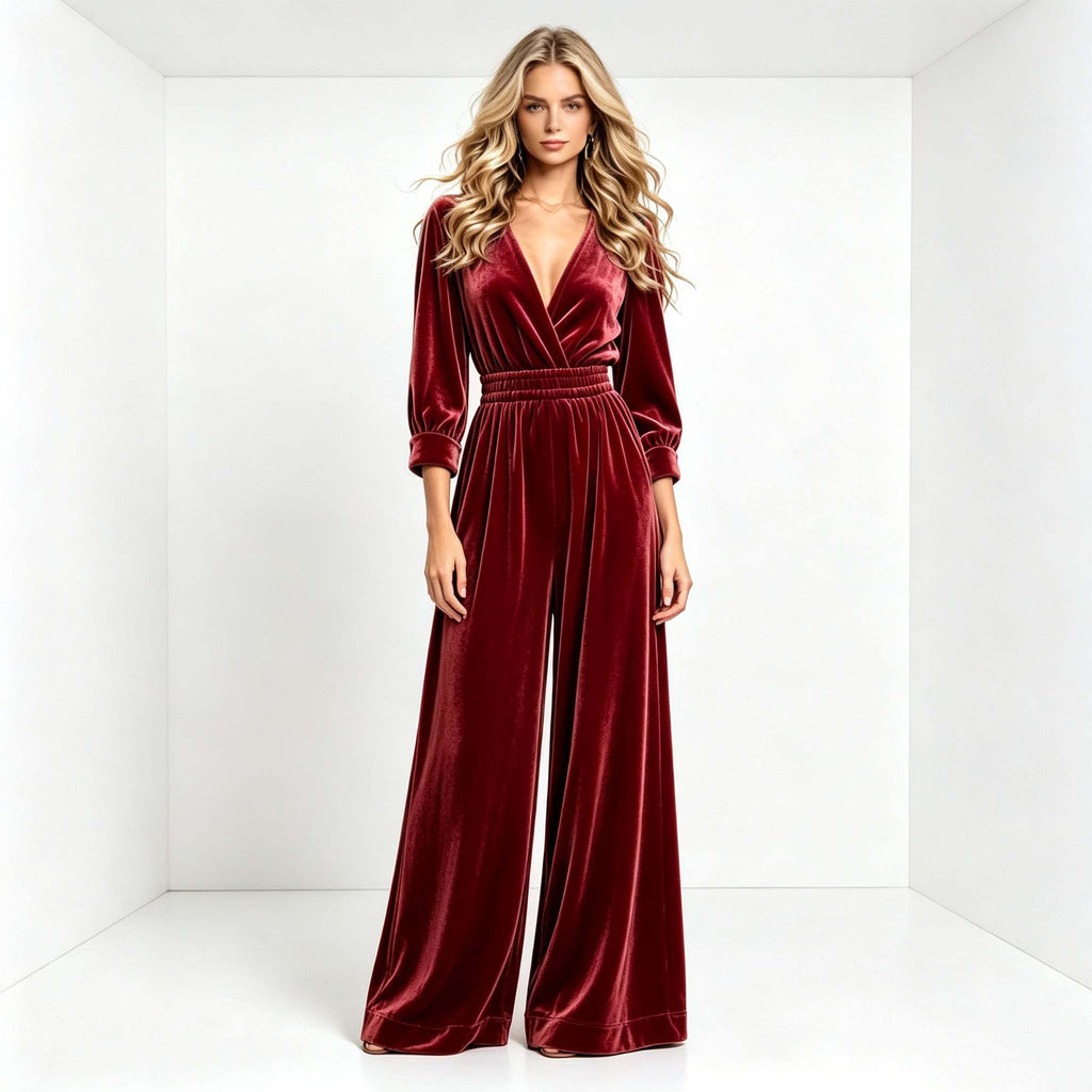 Velvet Wrap V-Neck Wide-Leg Jumpsuit in burgundy - view 3