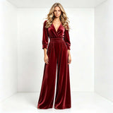 Velvet Wrap V-Neck Wide-Leg Jumpsuit in burgundy - view 3