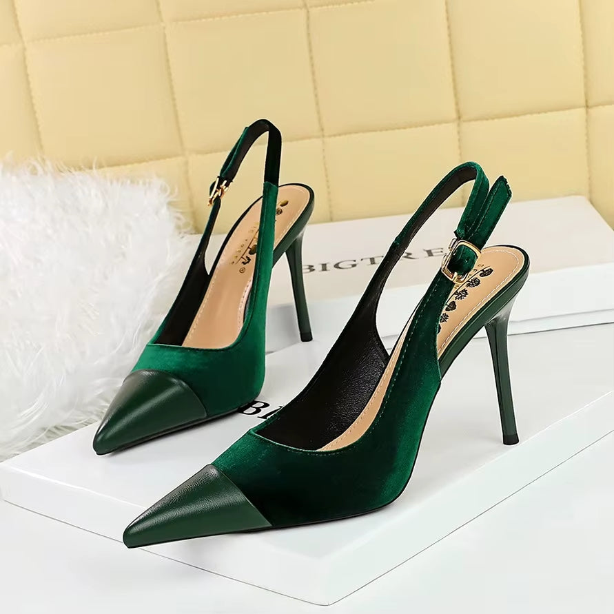 Velvet Pointed-Toe Slingback Heels in emerald - view 3