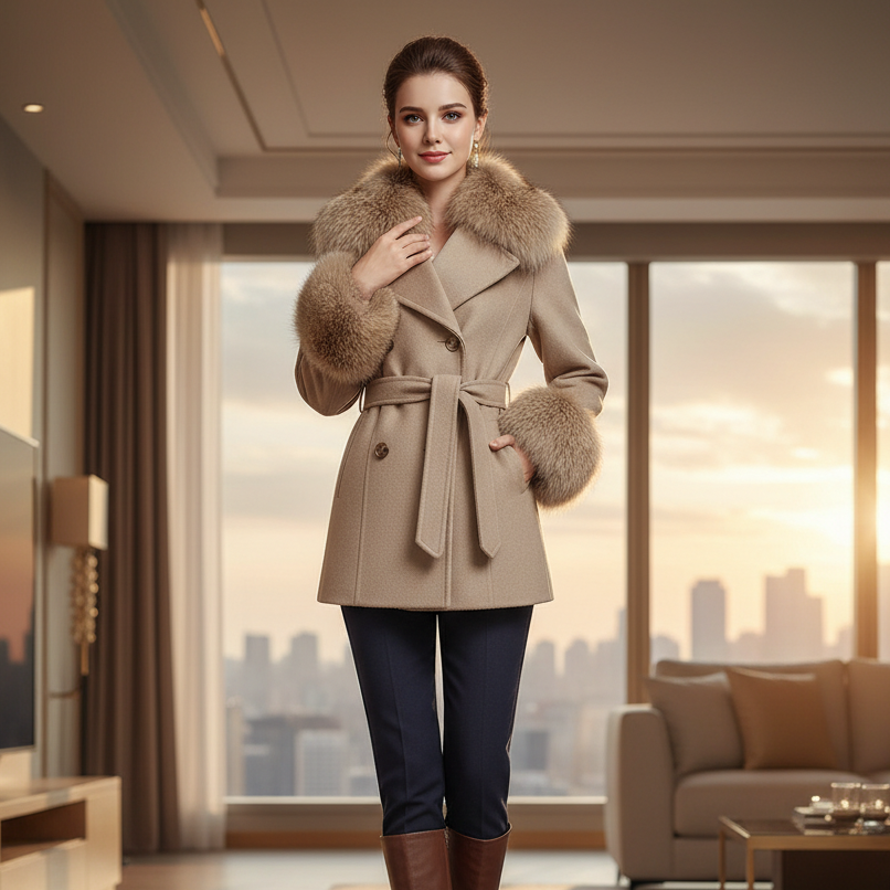 Faux Fur Collar Belted Wool-Look Coat in beige - view 3