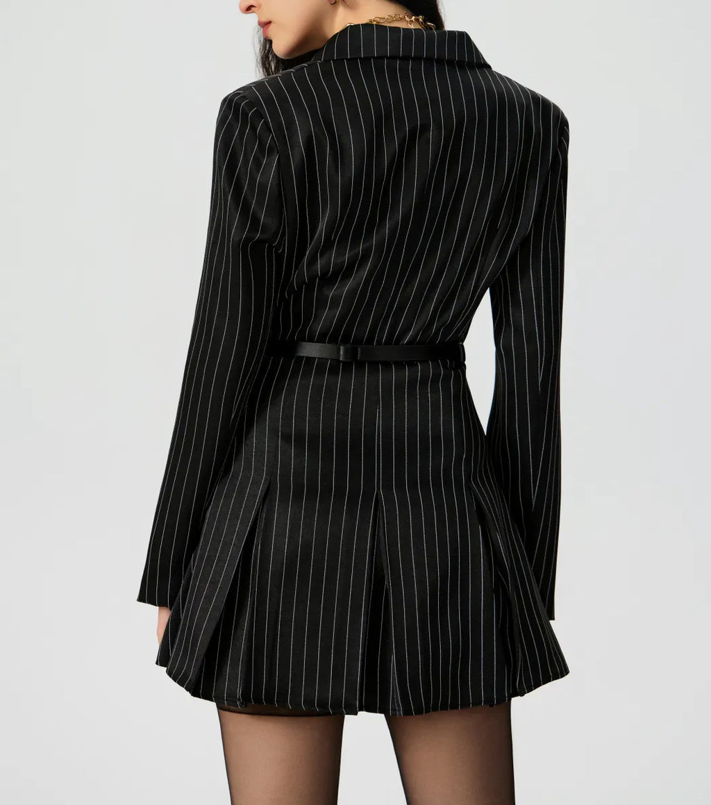 Black Pinstripe Belted Blazer Dress in black - view 2