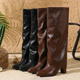 Fold-Over Faux Leather Knee-High Boots in brown - view 2