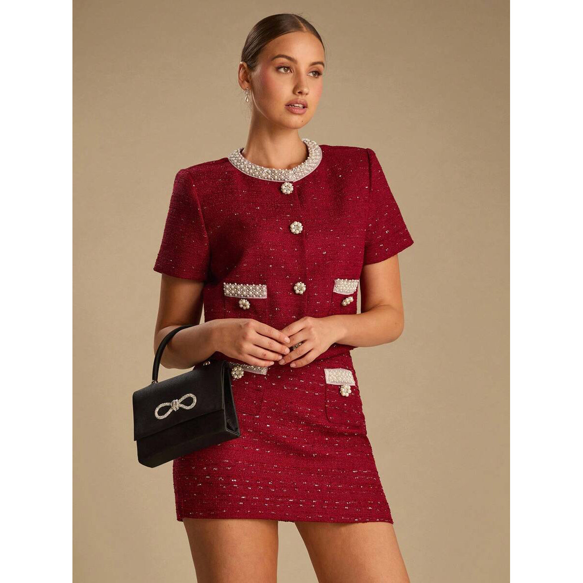 Tweed Cropped Jacket and Shorts Set in burgundy - view 2