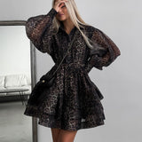 Leopard Print Chiffon Long Sleeve Tiered Mini Dress in leopard