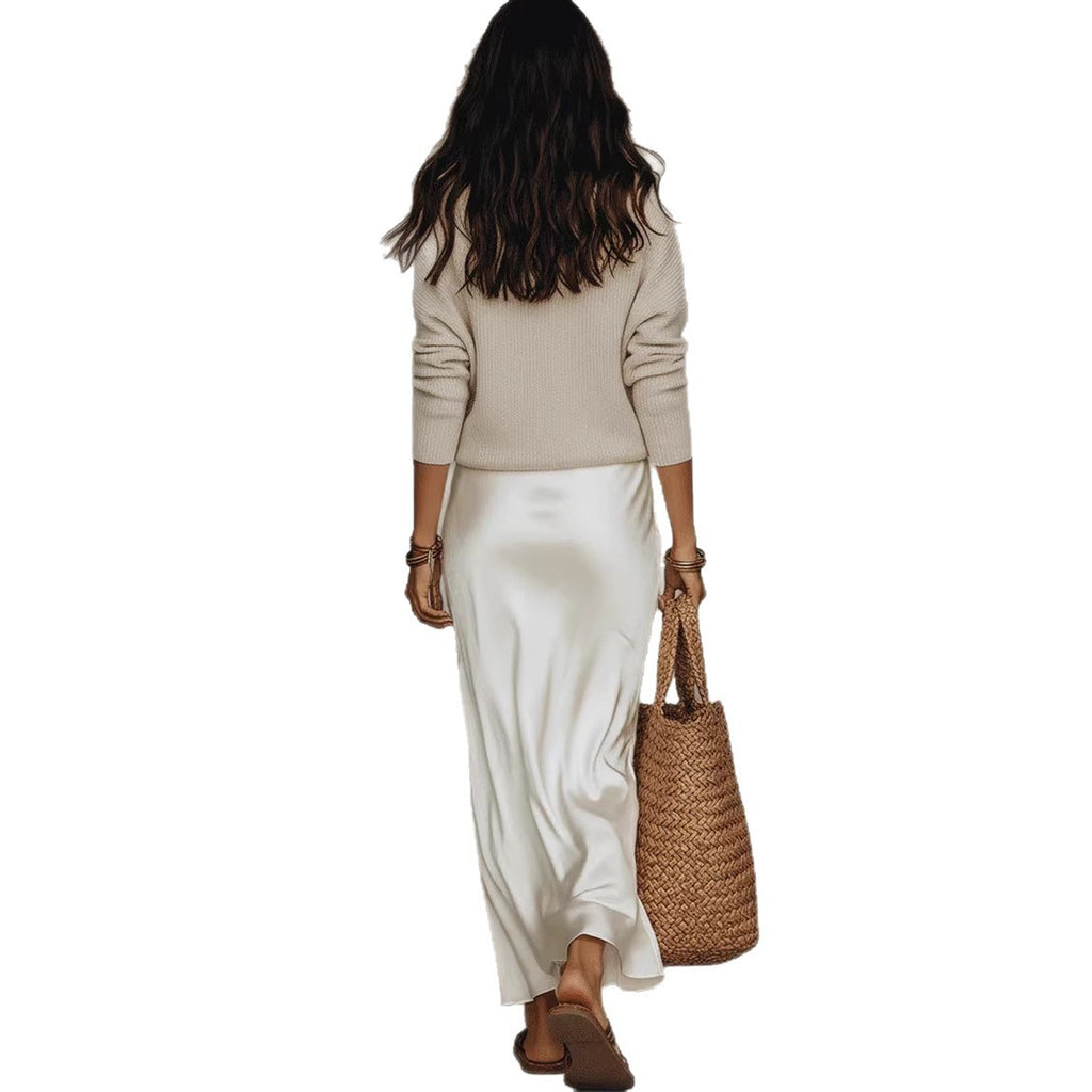 Rib Knit V-Neck Sweater and Satin Slip Skirt Set in ivory - view 5