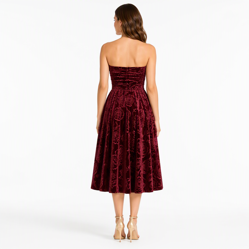 Burgundy Velvet Strapless Pleated Midi Dress in burgundy - view 3