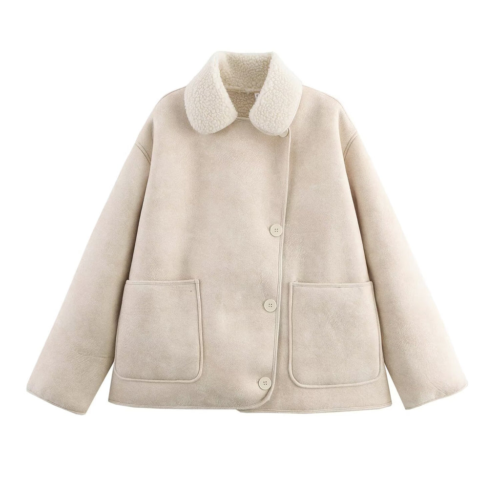 Two Tone Faux Leather Fleece Lined Jacket in cream - view 3