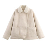 Two Tone Faux Leather Fleece Lined Jacket in cream - view 3