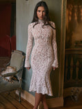 Ivory Lace High-Neck Long Sleeve Midi Dress in ivory - view 6