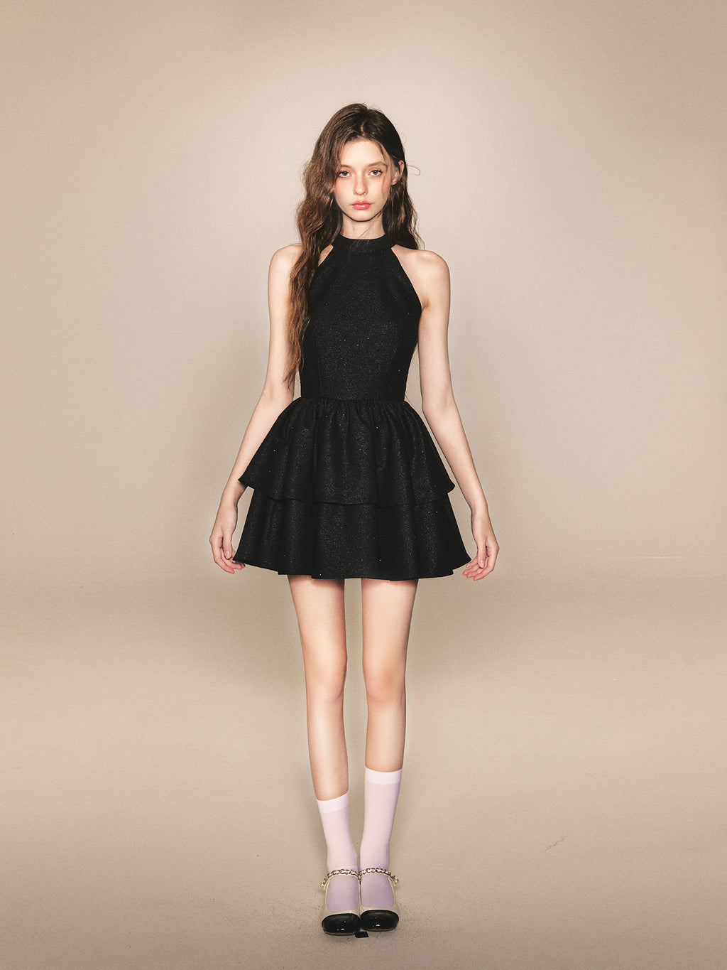 Halter Tiered Mini Dress with Bow Back in black - view 3