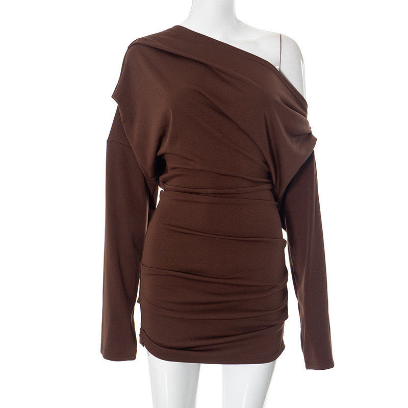 Off-Shoulder Draped Long Sleeve Mini Dress in chocolate - view 5