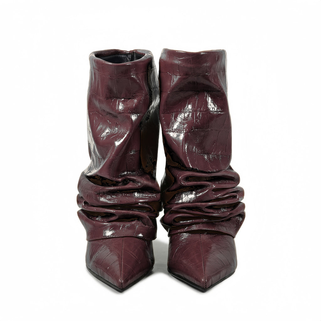 Croc-Embossed Slouch Stiletto Ankle Boots in burgundy - view 4