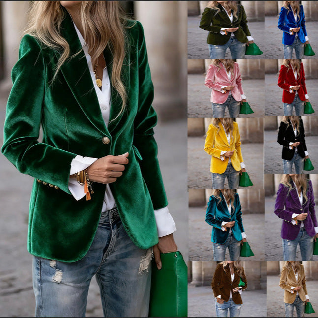 Velvet Single-Breasted Fitted Blazer in emerald - view 2