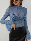 Sheer Lace Mock Neck Long Sleeve Top in blue - view 5