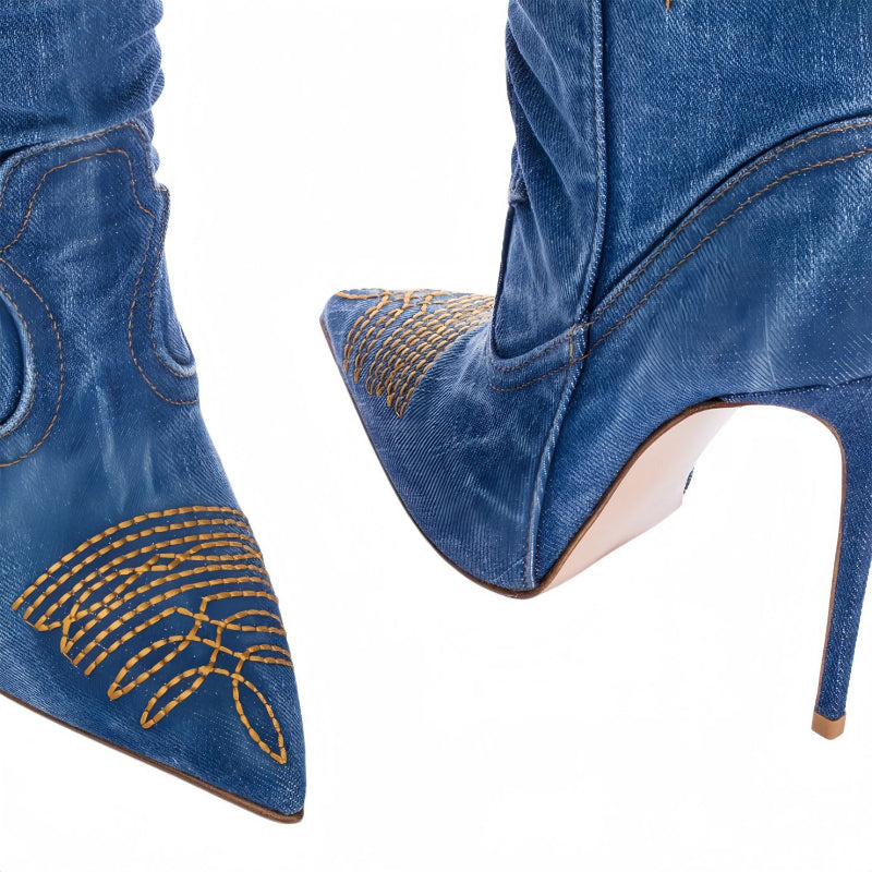 Embroidered Western Stiletto Knee Boots in denim blue - view 6