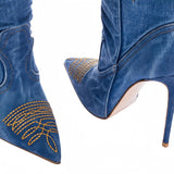 Embroidered Western Stiletto Knee Boots in denim blue - view 6