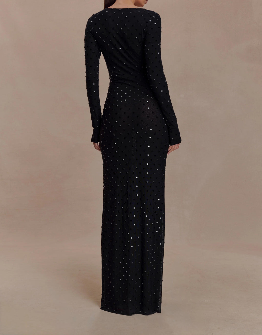Sheer Mesh Rhinestone Deep V Long Sleeve Maxi Dress in black - view 3
