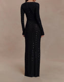 Sheer Mesh Rhinestone Deep V Long Sleeve Maxi Dress in black - view 3