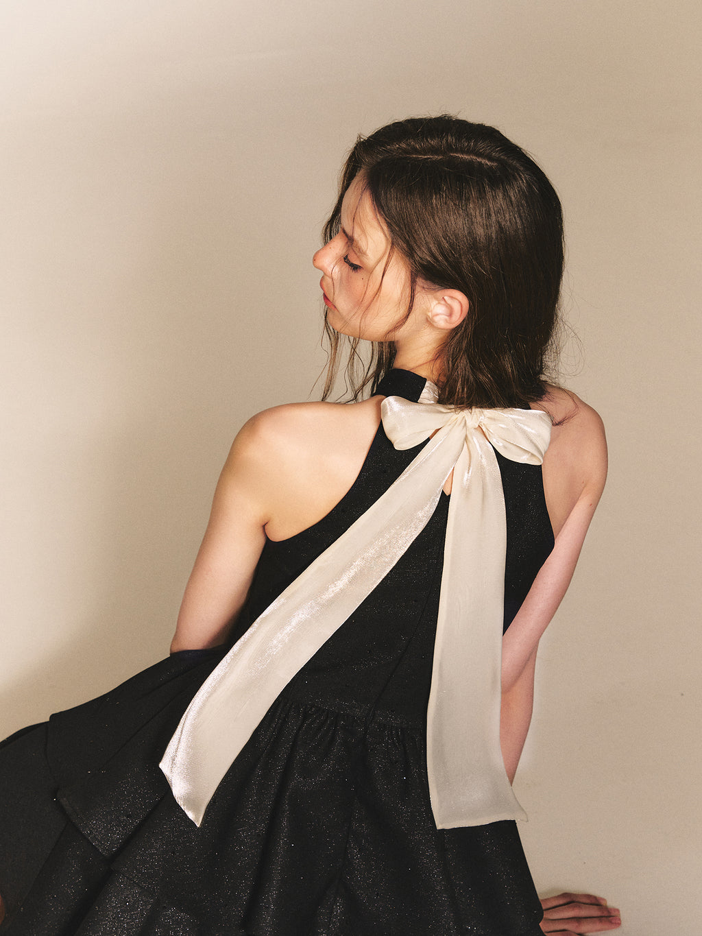 Halter Tiered Mini Dress with Bow Back in black - view 5