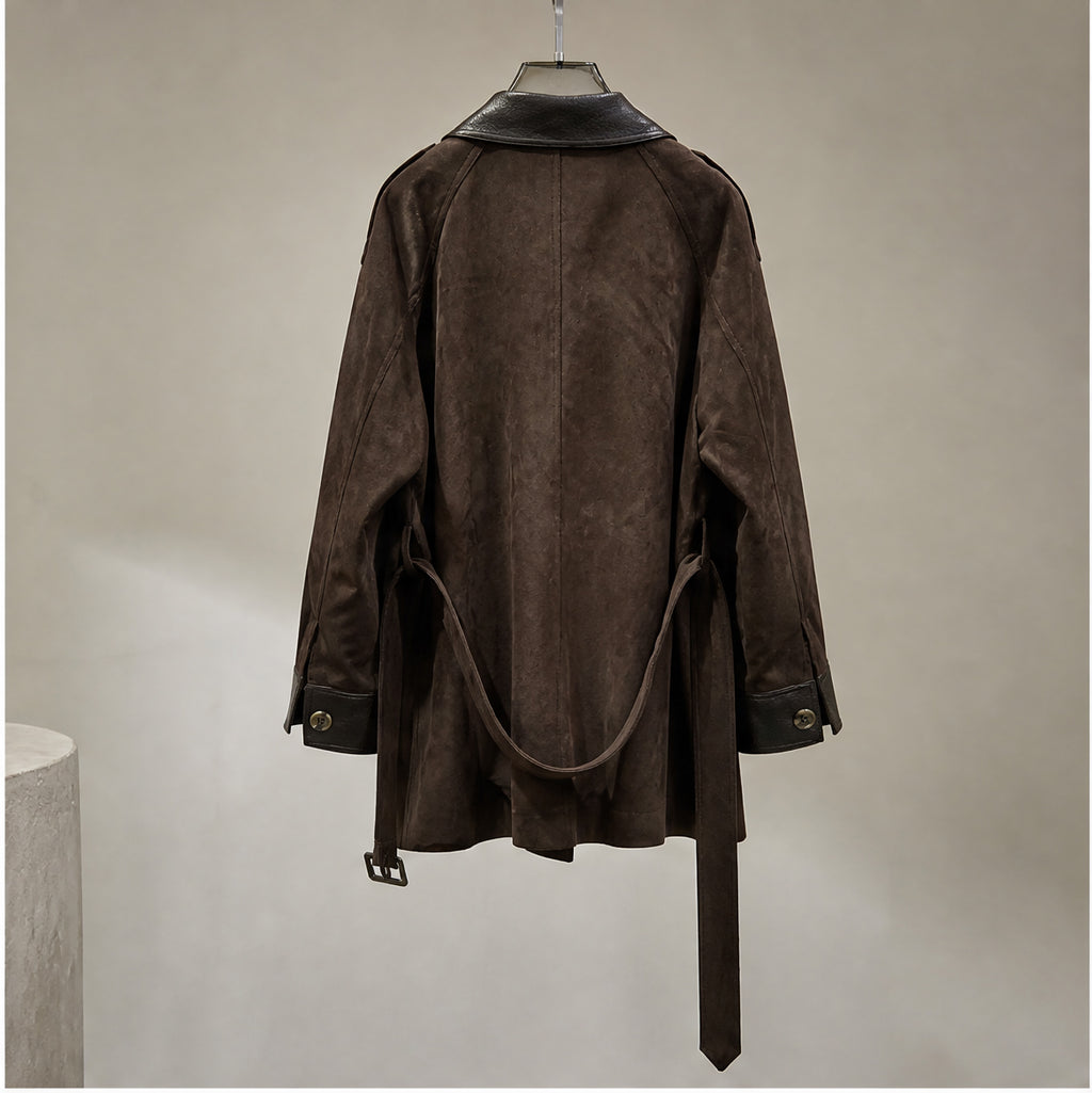 Faux Suede Leather-Collar Belted Double-Breasted Coat in chocolate - view 3