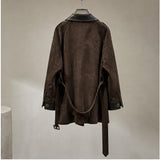 Faux Suede Leather-Collar Belted Double-Breasted Coat in chocolate - view 3