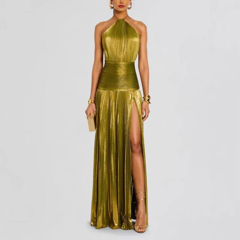 Gold Metallic Pleated Halter Maxi Dress in gold
