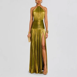 Gold Metallic Pleated Halter Maxi Dress in gold