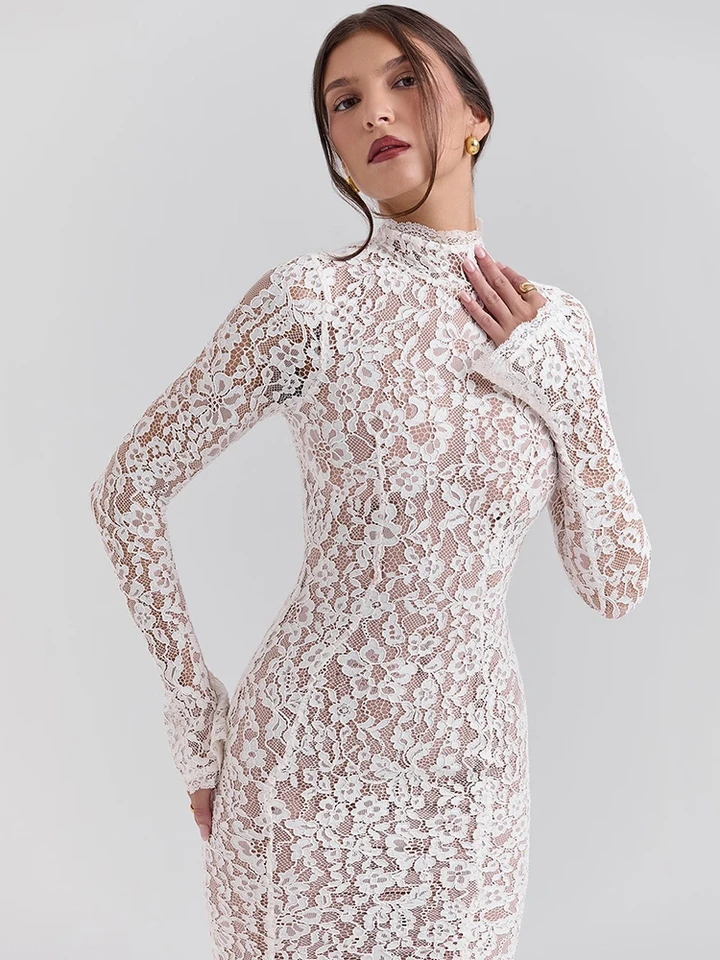 Ivory Lace High-Neck Long Sleeve Midi Dress in ivory