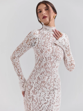 Ivory Lace High-Neck Long Sleeve Midi Dress in ivory