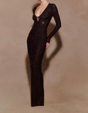 Sheer Mesh Rhinestone Deep V Long Sleeve Maxi Dress in black - view 2