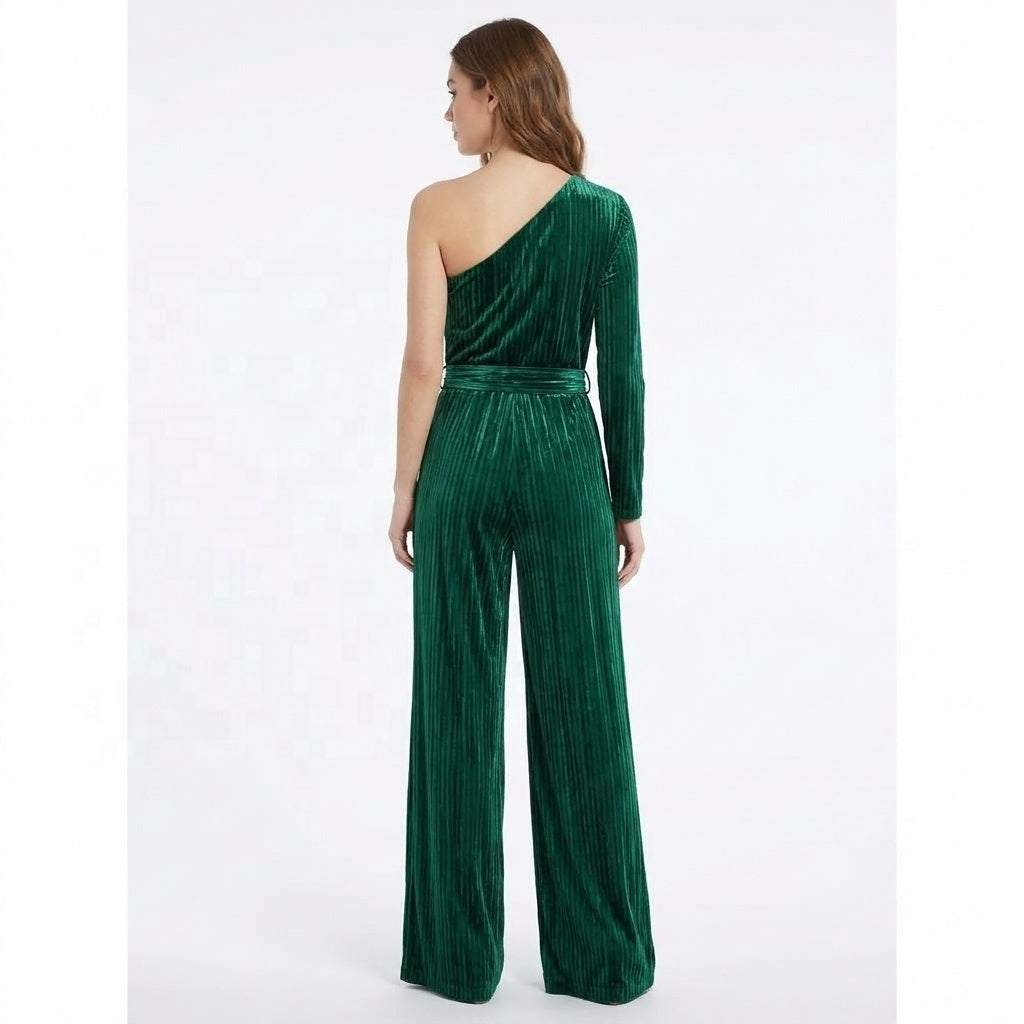 Emerald Velvet One-Shoulder Belted Wide-Leg Jumpsuit in emerald - view 3