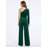 Emerald Velvet One-Shoulder Belted Wide-Leg Jumpsuit in emerald - view 3