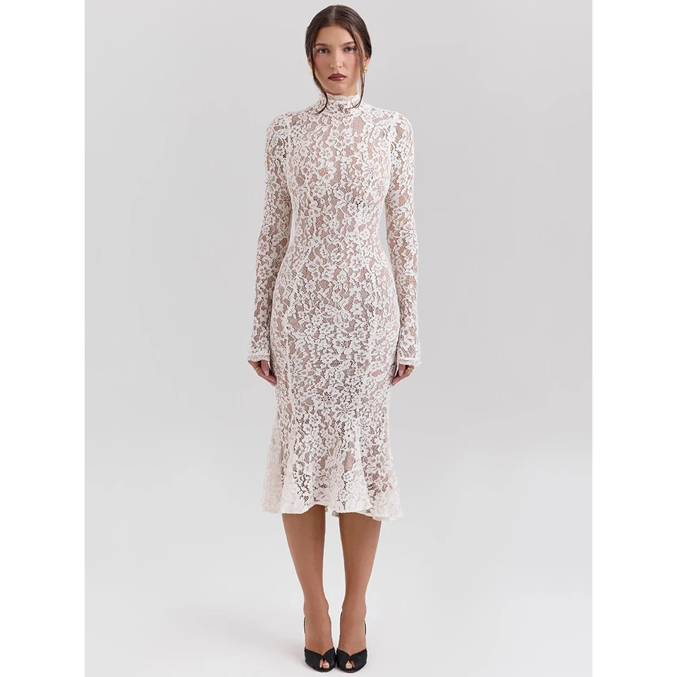 Ivory Lace High-Neck Long Sleeve Midi Dress in ivory - view 2