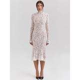 Ivory Lace High-Neck Long Sleeve Midi Dress in ivory - view 2