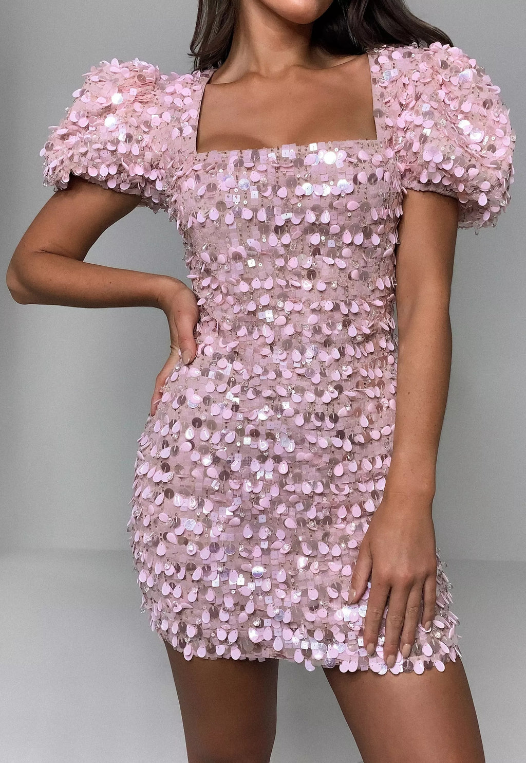 Square Neck Puff Sleeve Sequin Mini Dress in pink - view 2
