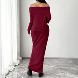 Burgundy Off-Shoulder Ribbed Knit Skirt Set in burgundy - view 3