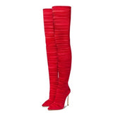 Ruched Stretch Stiletto Over-the-Knee Boots in red