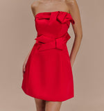 Red Satin Strapless Bow Mini Dress in red
