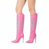 Embroidered Western Stiletto Knee Boots in pink - view 4