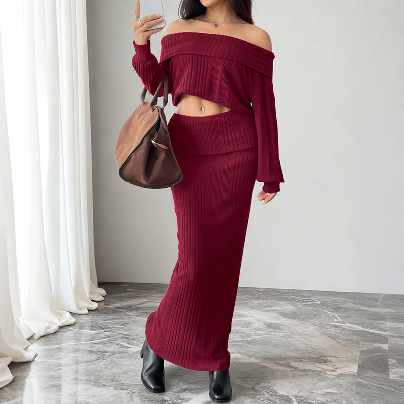 Burgundy Off-Shoulder Ribbed Knit Skirt Set in burgundy - view 5