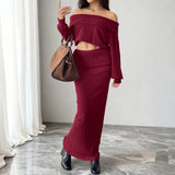 Burgundy Off-Shoulder Ribbed Knit Skirt Set in burgundy - view 5