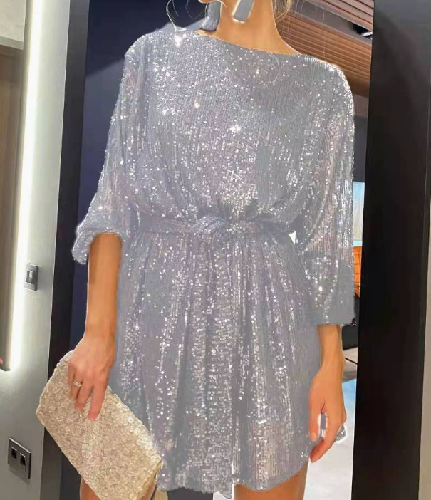 Sequin Long Sleeve Tie Waist Flowy Mini Dress in silver - view 6