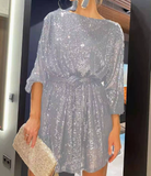 Sequin Long Sleeve Tie Waist Flowy Mini Dress in silver - view 6