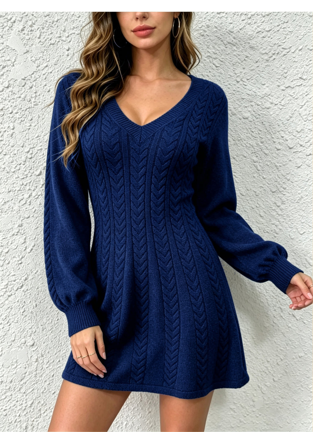 V-Neck Cable Knit A-Line Sweater Mini Dress in navy - view 4