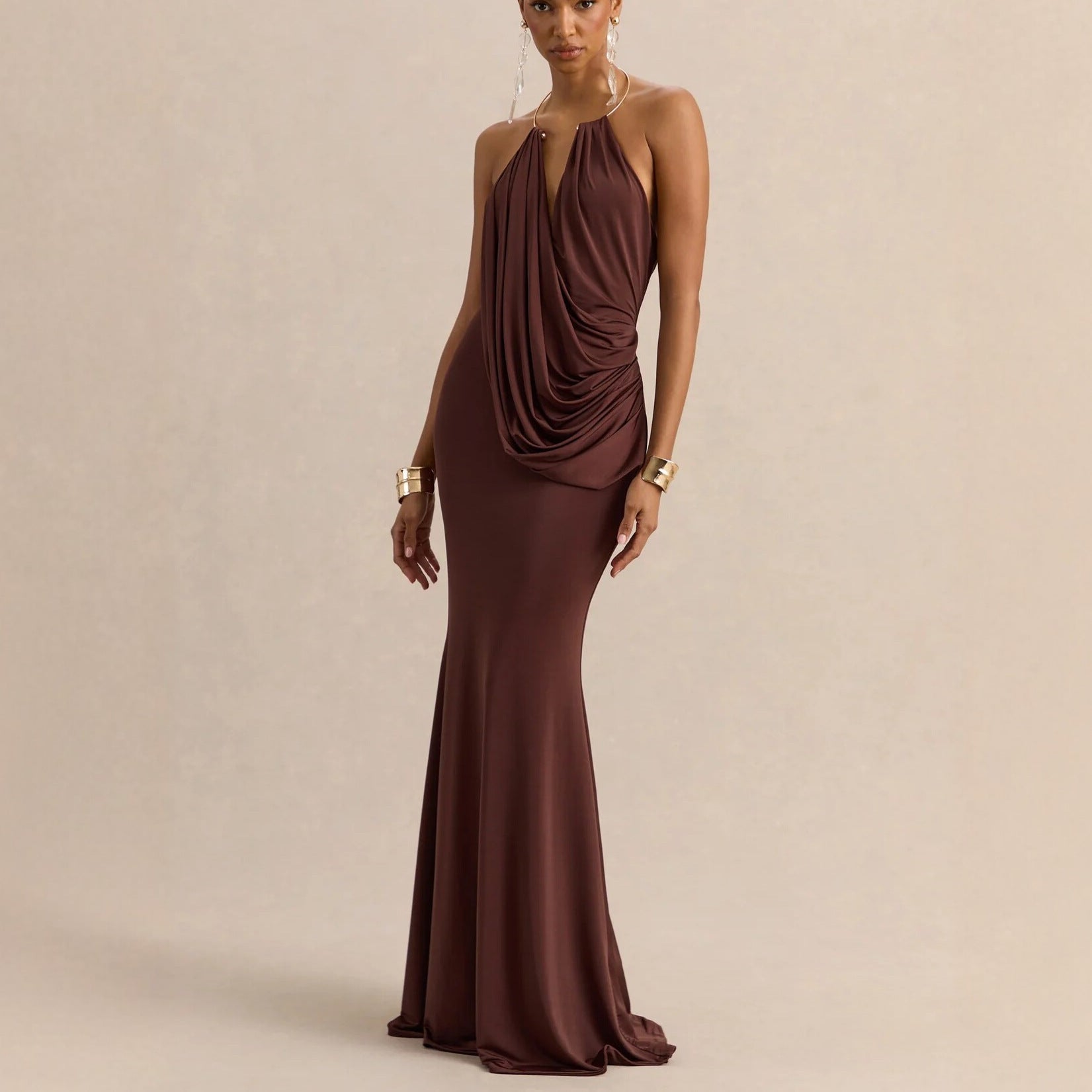 Chocolate Halter Draped Mermaid Maxi Dress in chocolate - view 2